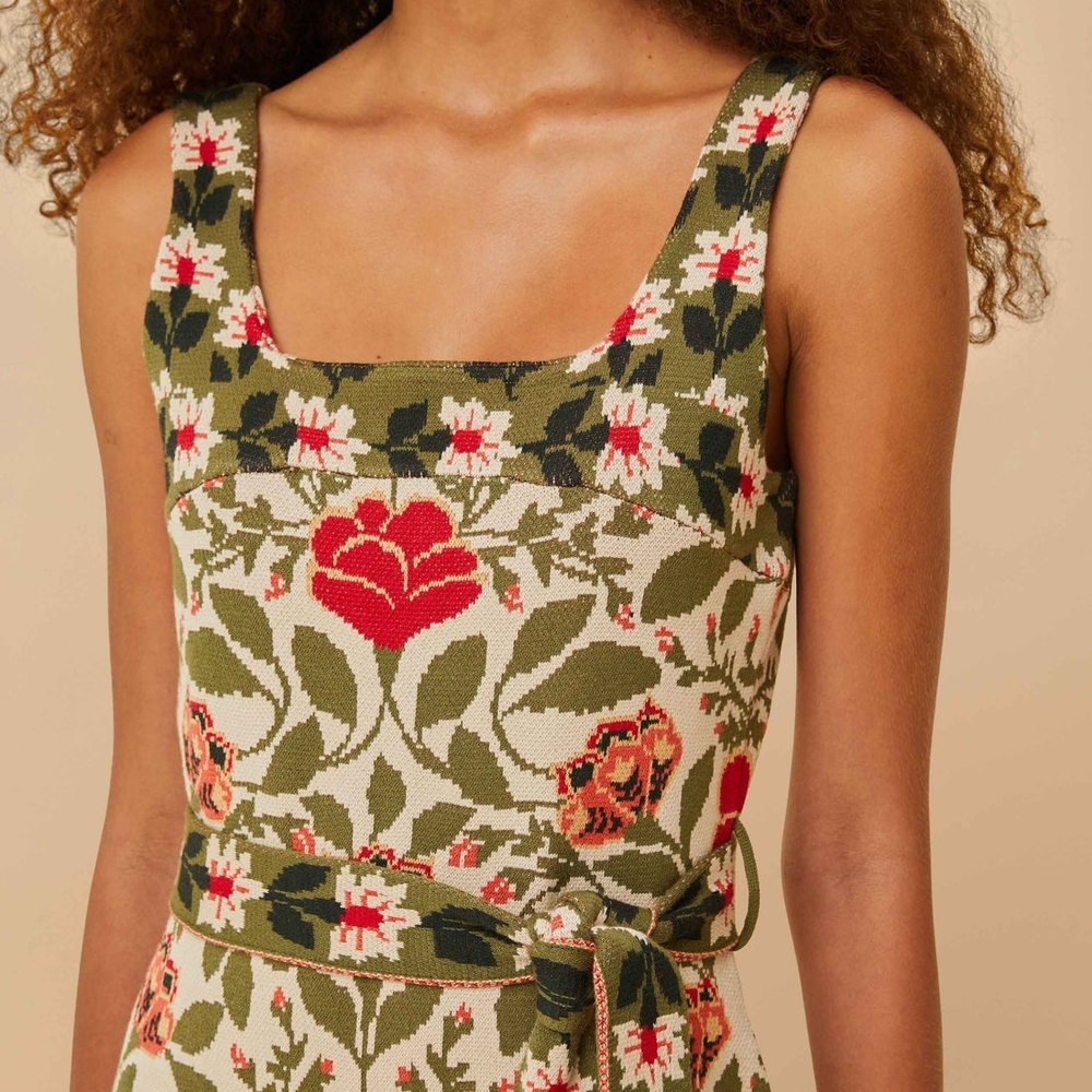 FARM Rio Sand Garden Tapstry Knit Cream Midi Dress with Green & Red Floral Print - Picture 2 of 4